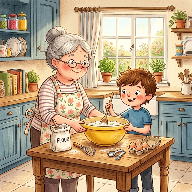 Ben and his grandma in the kitchen with eggs and flour
