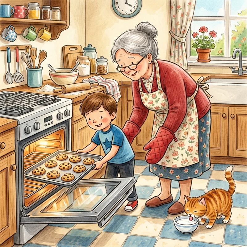 Ben putting a tray of cookies into the oven while a cat drinks milk