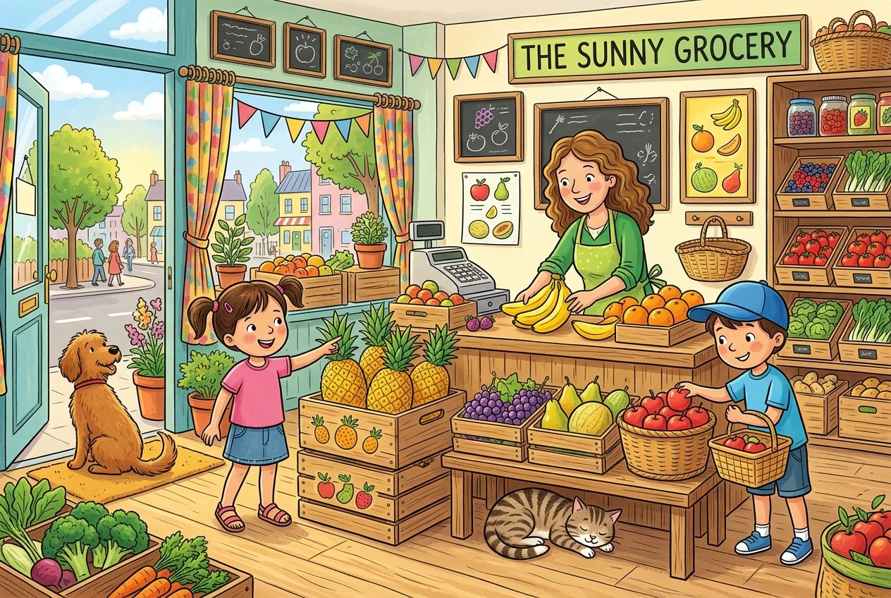 A lively fruit and vegetable shop with friendly shopkeeper and customers