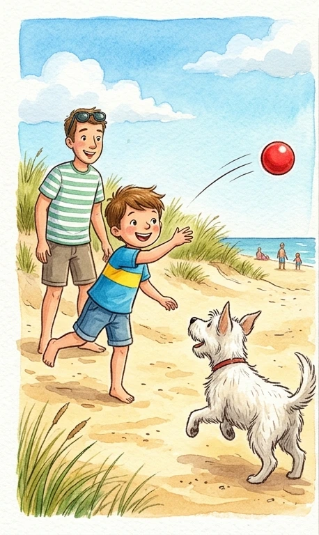 Leo throwing a red ball on the sandy beach