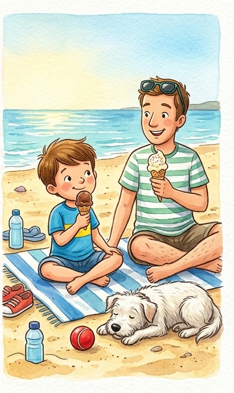 Leo and his dad eating ice cream on a towel with the dog