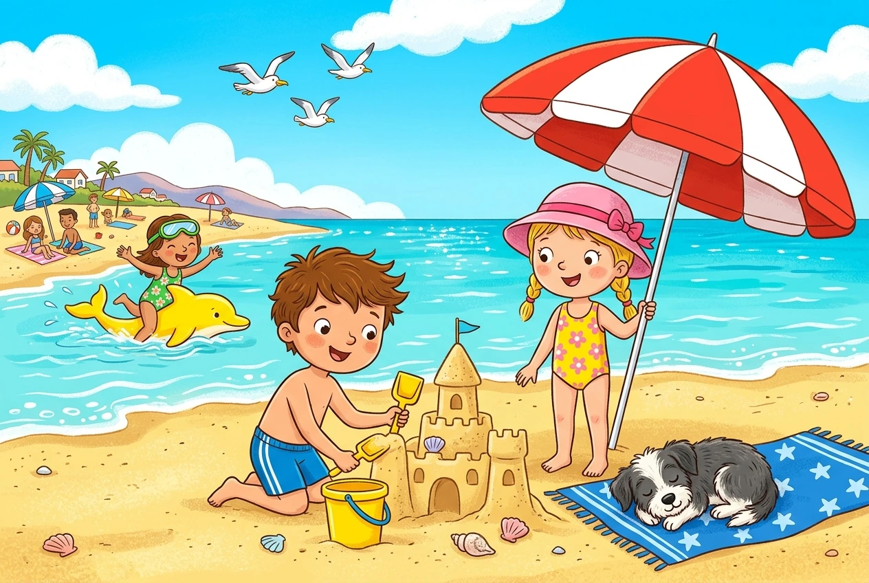 A bright sunny seaside beach with children playing, swimming, and resting