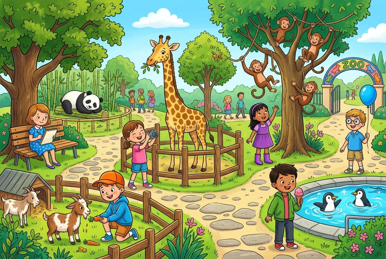 A colourful Happy Valley Zoo scene with children, a giraffe, goat, penguins, monkeys, and visitors
