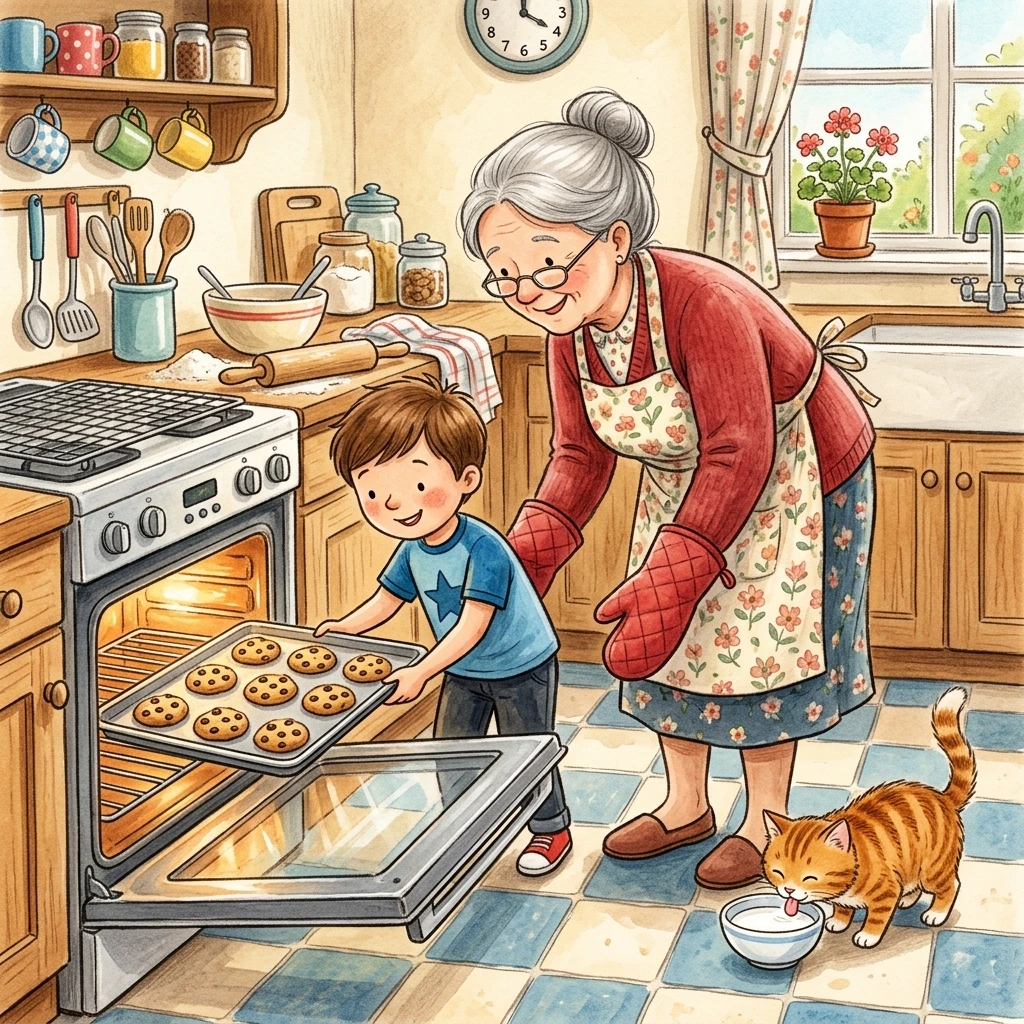Ben sliding a tray of cookies into the oven while the cat drinks milk