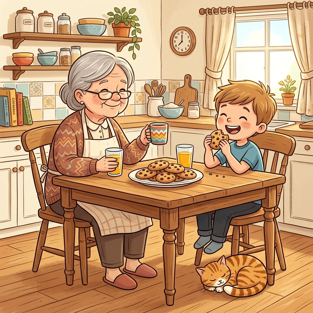 Ben eating a cookie at the kitchen table while the cat sleeps under the chair