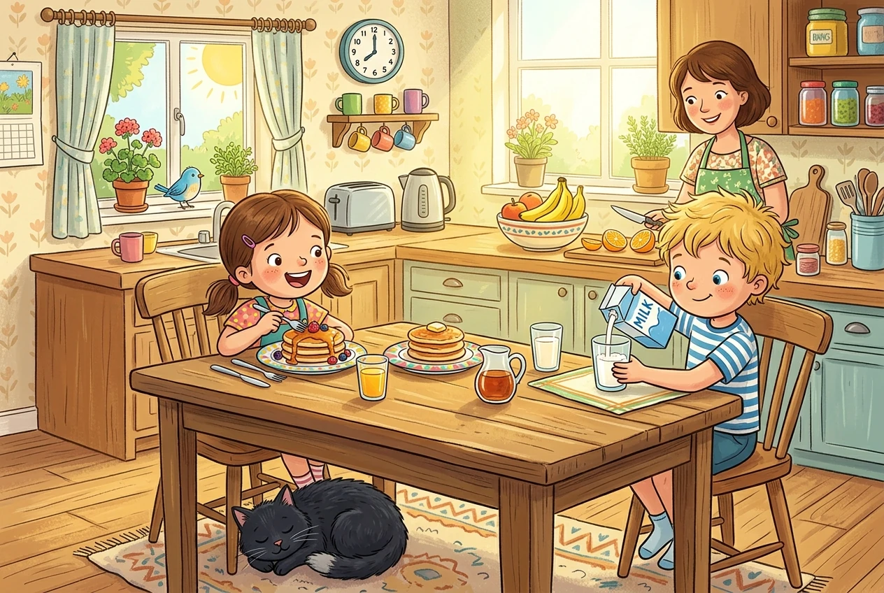 A cheerful family kitchen breakfast scene with mum cutting fruit, a boy pouring milk, and a girl eating pancakes