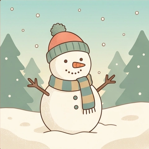A cute smiling snowman wearing a red beanie hat and striped scarf with stick arms in the snow