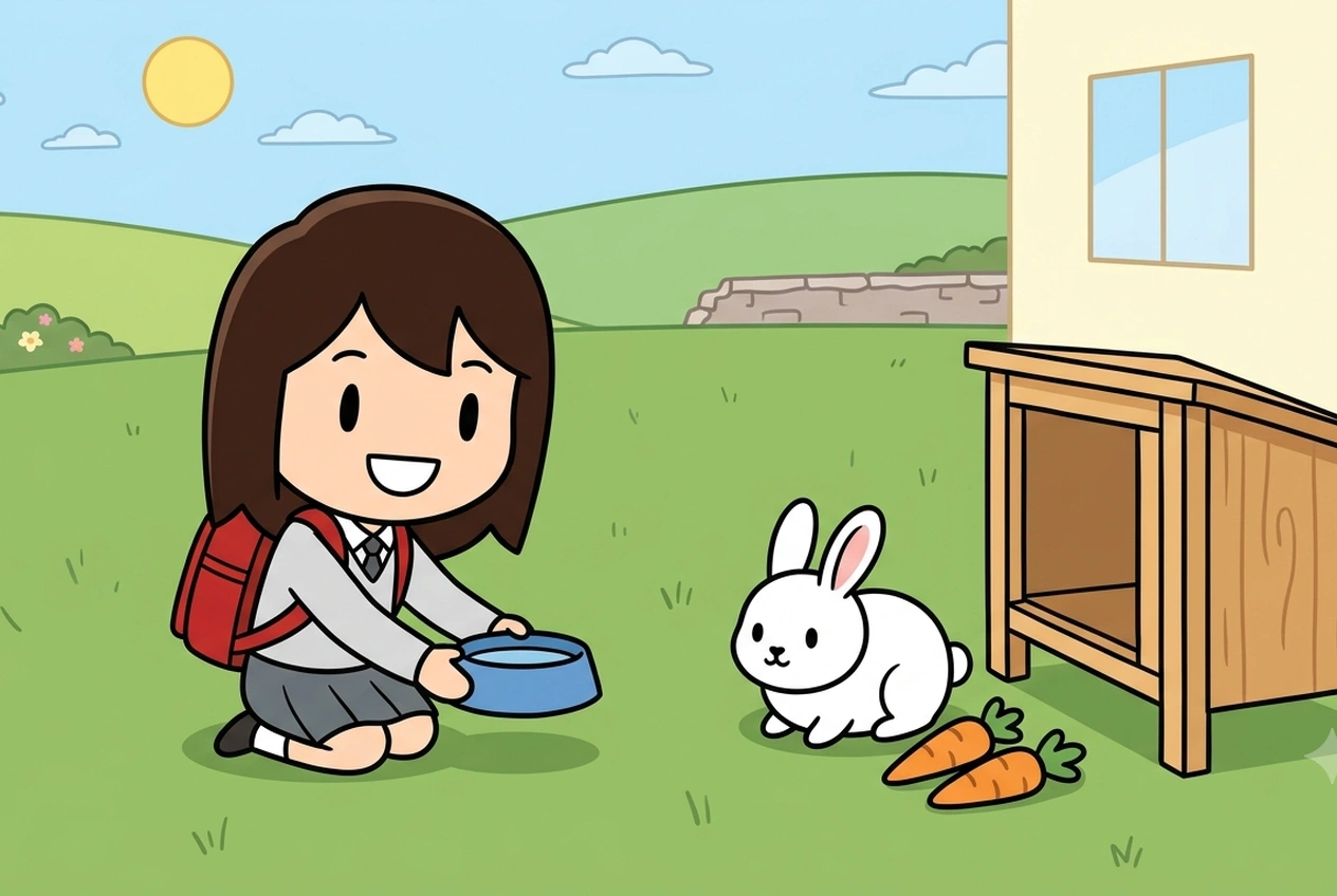 A bright and sunny garden scene with a smiling schoolgirl with a red backpack kneeling on the grass holding a blue bowl, feeding a white rabbit next to two carrots and a wooden rabbit hutch with the sun shining