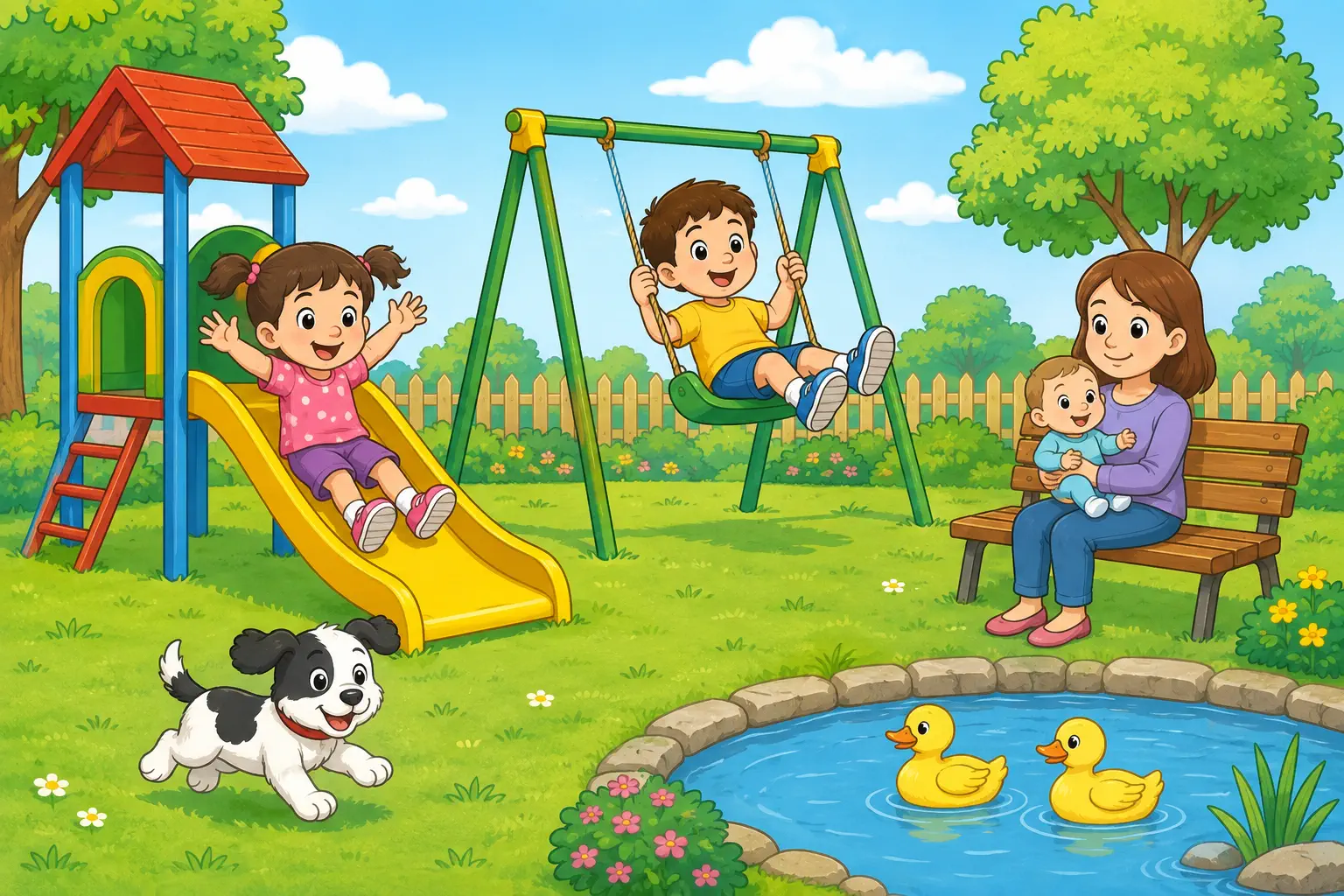 A bright playground with a girl sliding down a yellow slide, a boy on a green swing, a mother holding a baby on a bench, a dog running on the grass, and two ducks in a pond