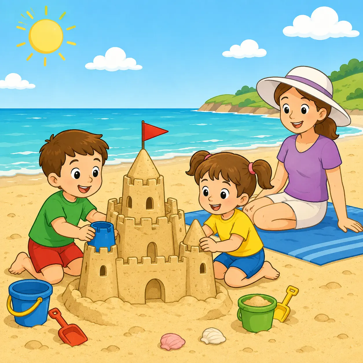 Tim and Lucy build a sandcastle with a bright red flag while Mum sits on a blue beach towel