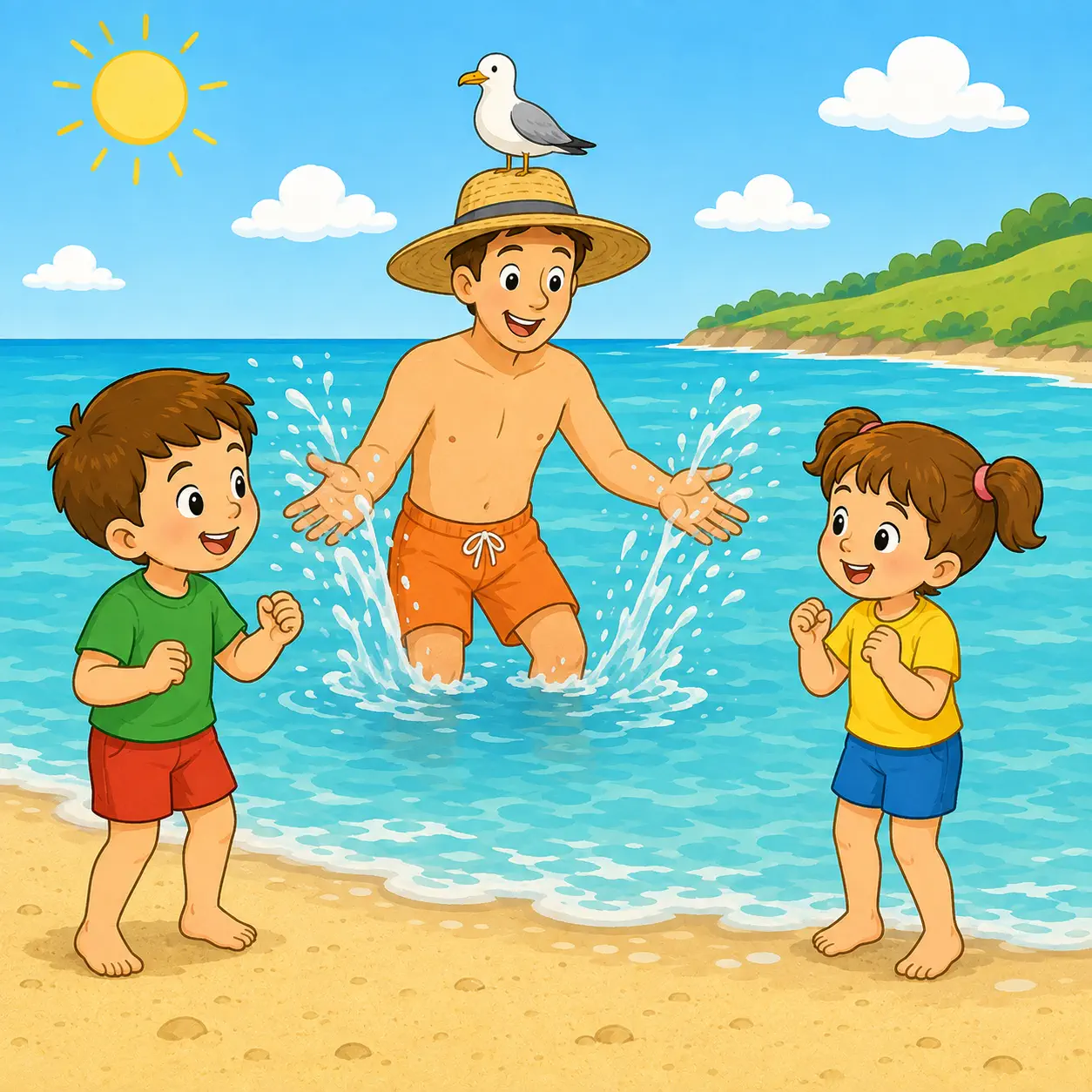 Dad splashes in shallow sea water with a white seagull sitting on his straw sun hat while Tim and Lucy watch