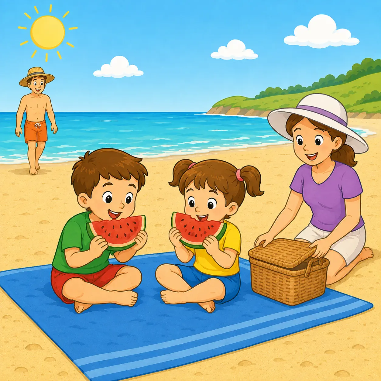 Tim and Lucy eat watermelon on a blue beach towel while Mum closes a picnic basket