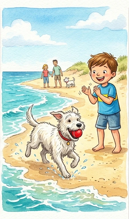 The white dog catching the red ball near the sea waves