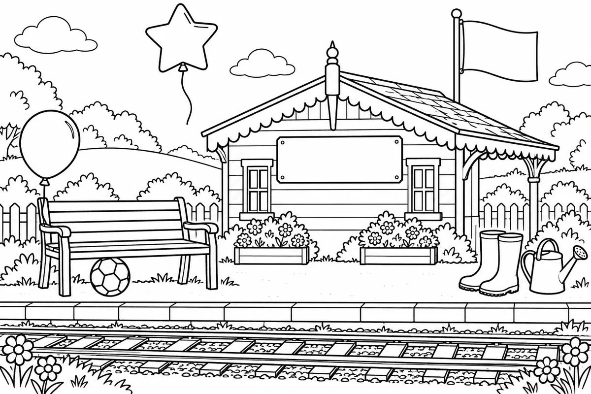 Station scene with two balloons, flag, ball under bench, boots beside watering can and blank sign