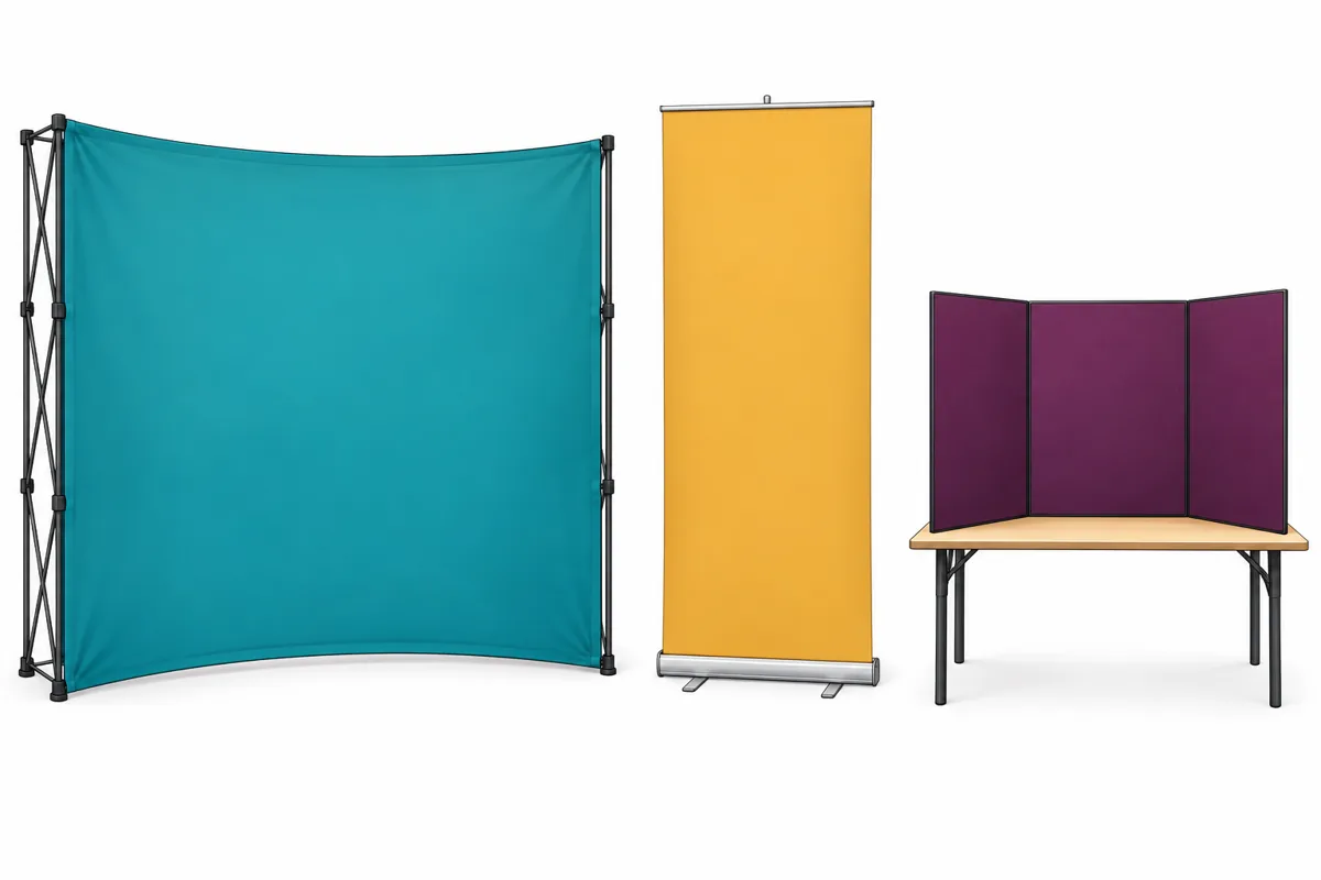 From left to right: freestanding folding fabric banner A, freestanding roll-up stand B, and tabletop board C on a table. Exact facts are in the written cards.