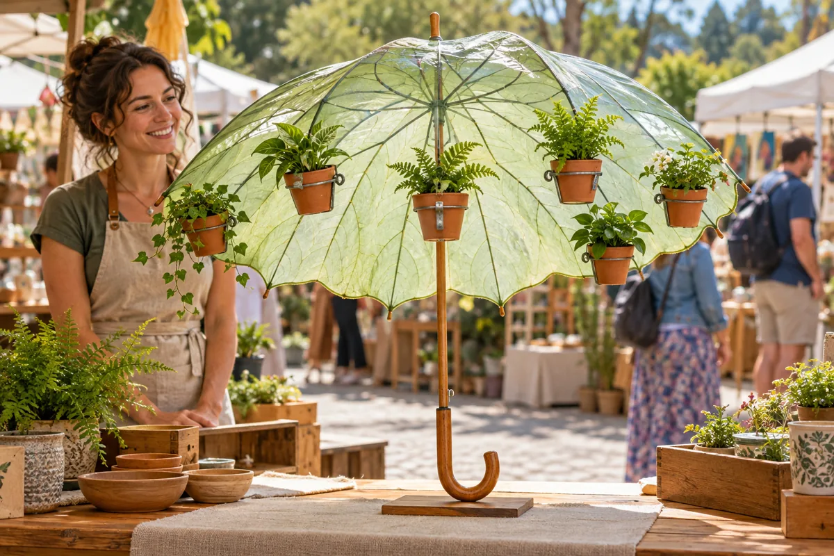 Unusual umbrella at a craft market. Describe the pictured object to someone who cannot see it; ask your teacher for an equivalent task if required.