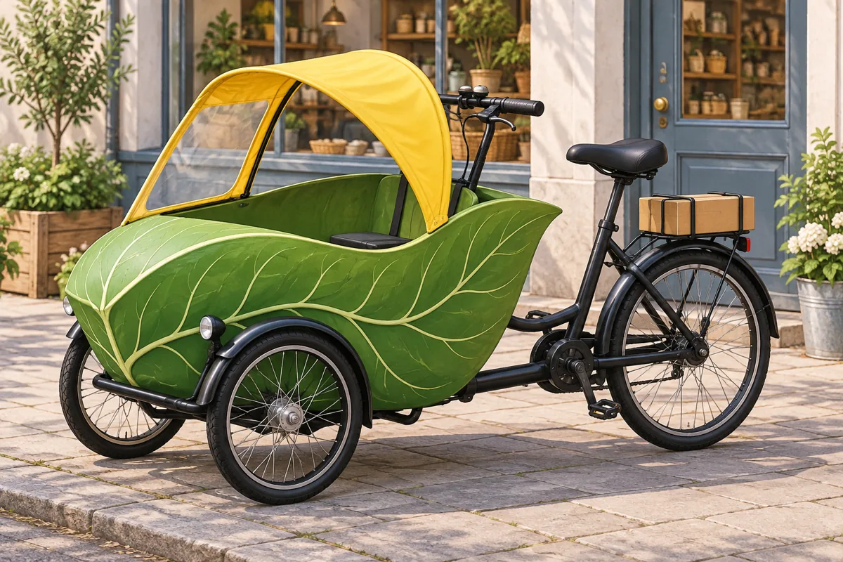 An unusual cargo cycle outside a shop. Describe the pictured object to someone who cannot see it; ask your teacher for an equivalent task if needed.