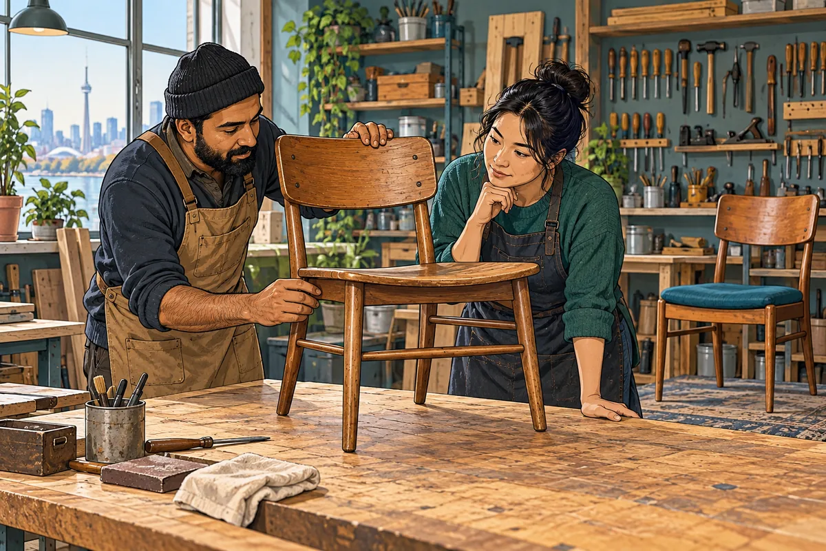 Adults examining chairs and a worktable in a furniture workshop