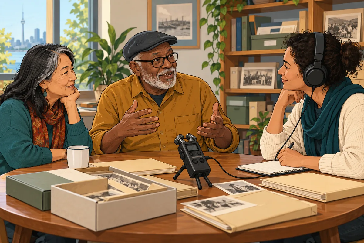 Adults listening and recording together at a community archive table
