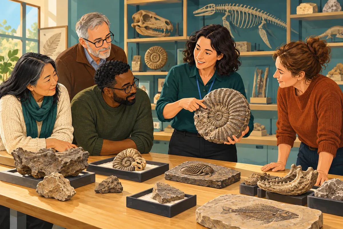 Adults studying fossil casts in a museum learning room