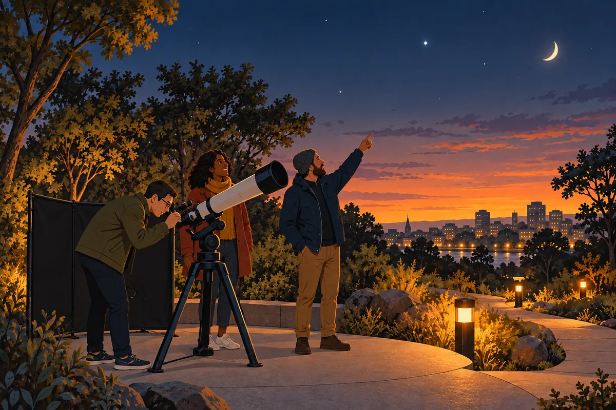 Adults using portable observing equipment beside an urban park