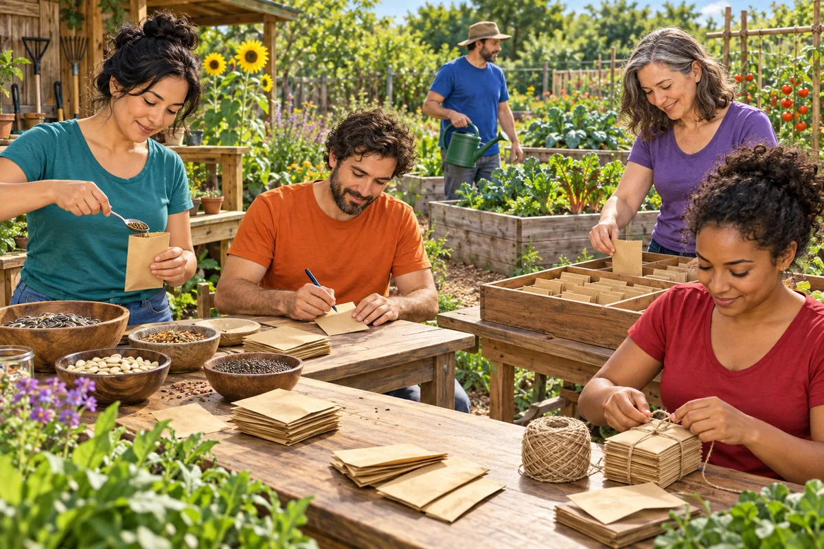 Seed-packing event in a community garden. Describe what is visible; distinguish predictions from observations. Ask your teacher for an equivalent nonvisual task if required.