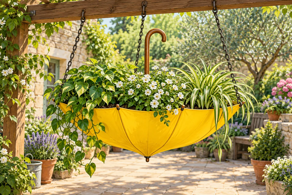 Unusual hanging planter at a garden centre. Describe the pictured object to someone who cannot see it; ask your teacher for an equivalent task if required.