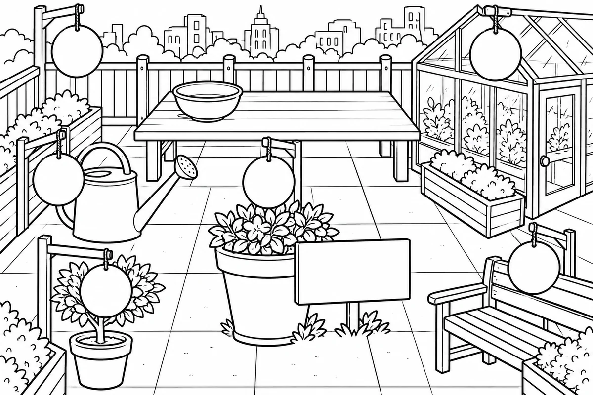 Six outlined round tags, a central flowerpot and an empty sign in a rooftop garden