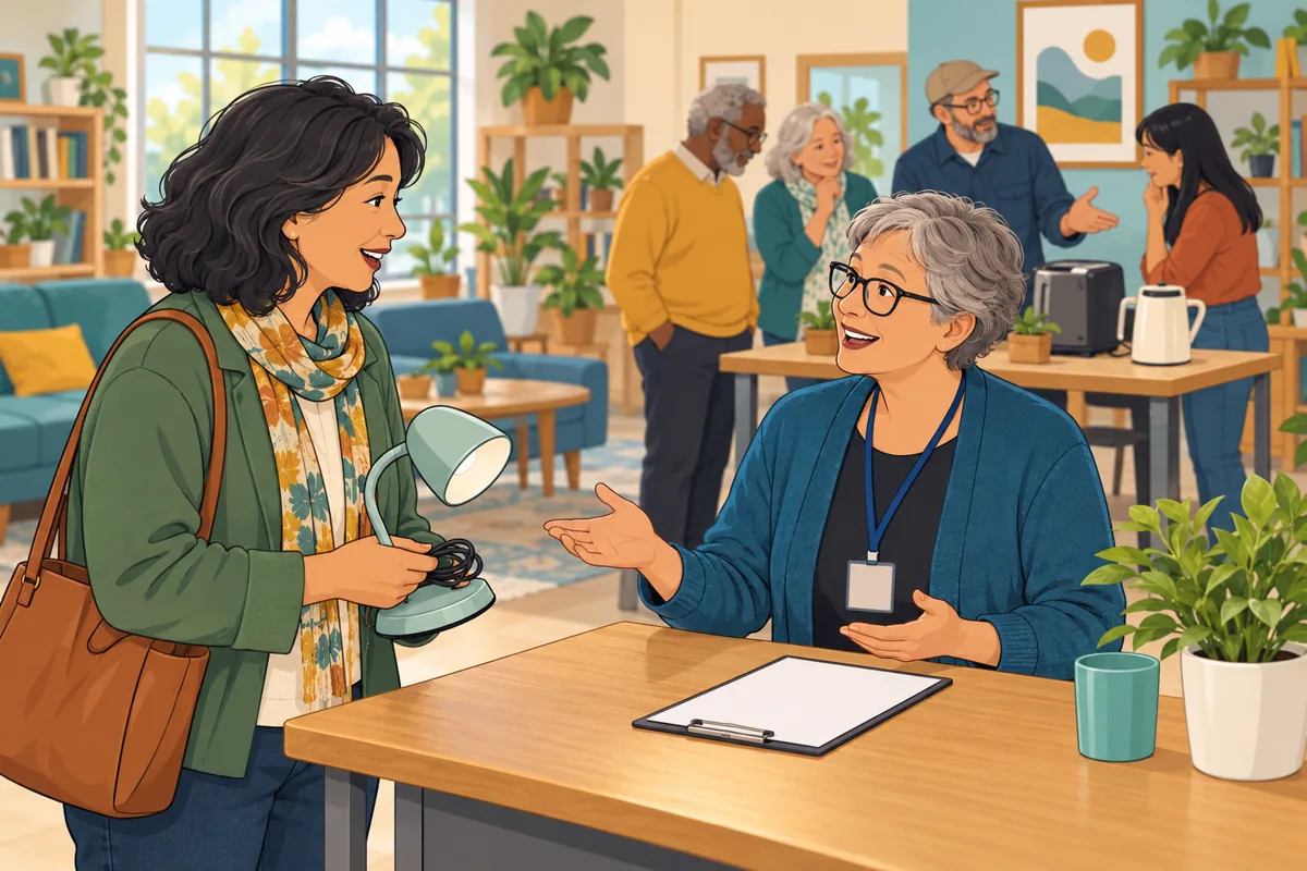 An adult visitor holding an unplugged desk lamp talks with a volunteer at an imagined community repair café.