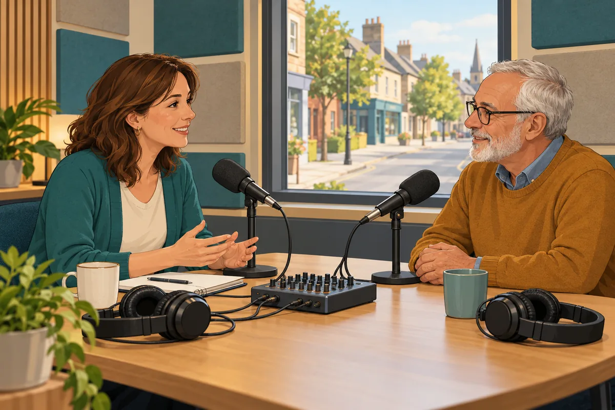 Two adults talking at microphones in a small neighbourhood radio studio.