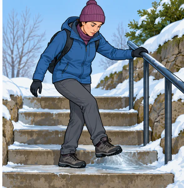 The walker tests the icy step and holds the rail. She is cautious.