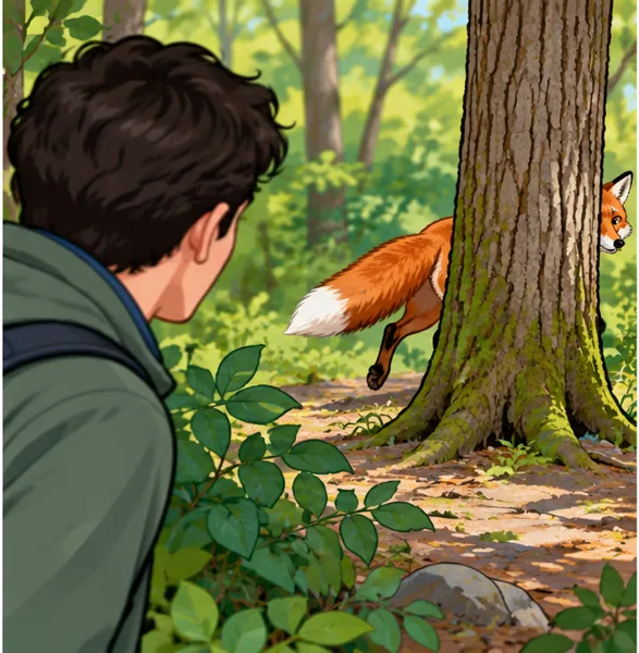 The fox is already moving behind the tree. The observer gets only a glimpse of it.