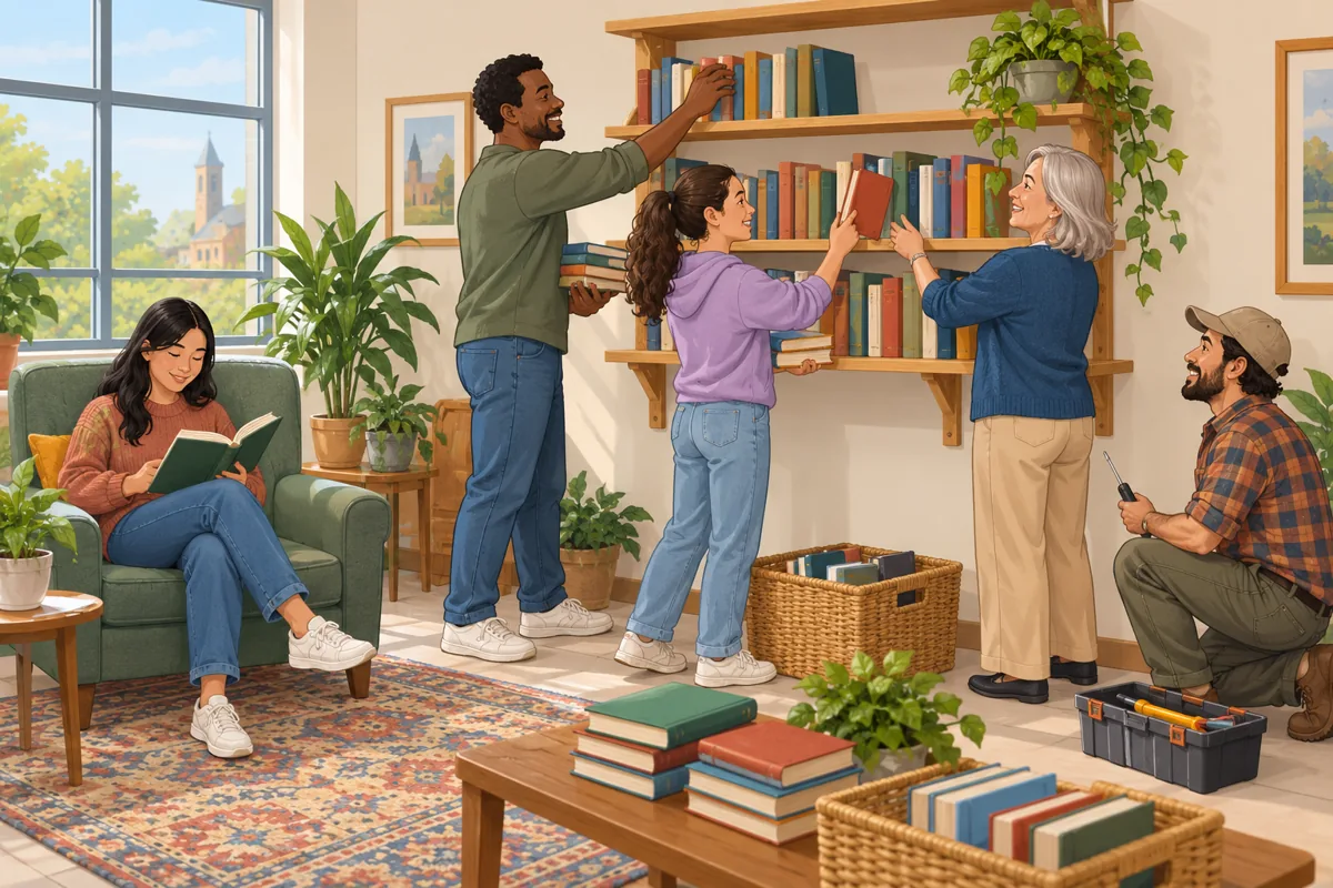 Volunteers arrange books in a community reading corner.