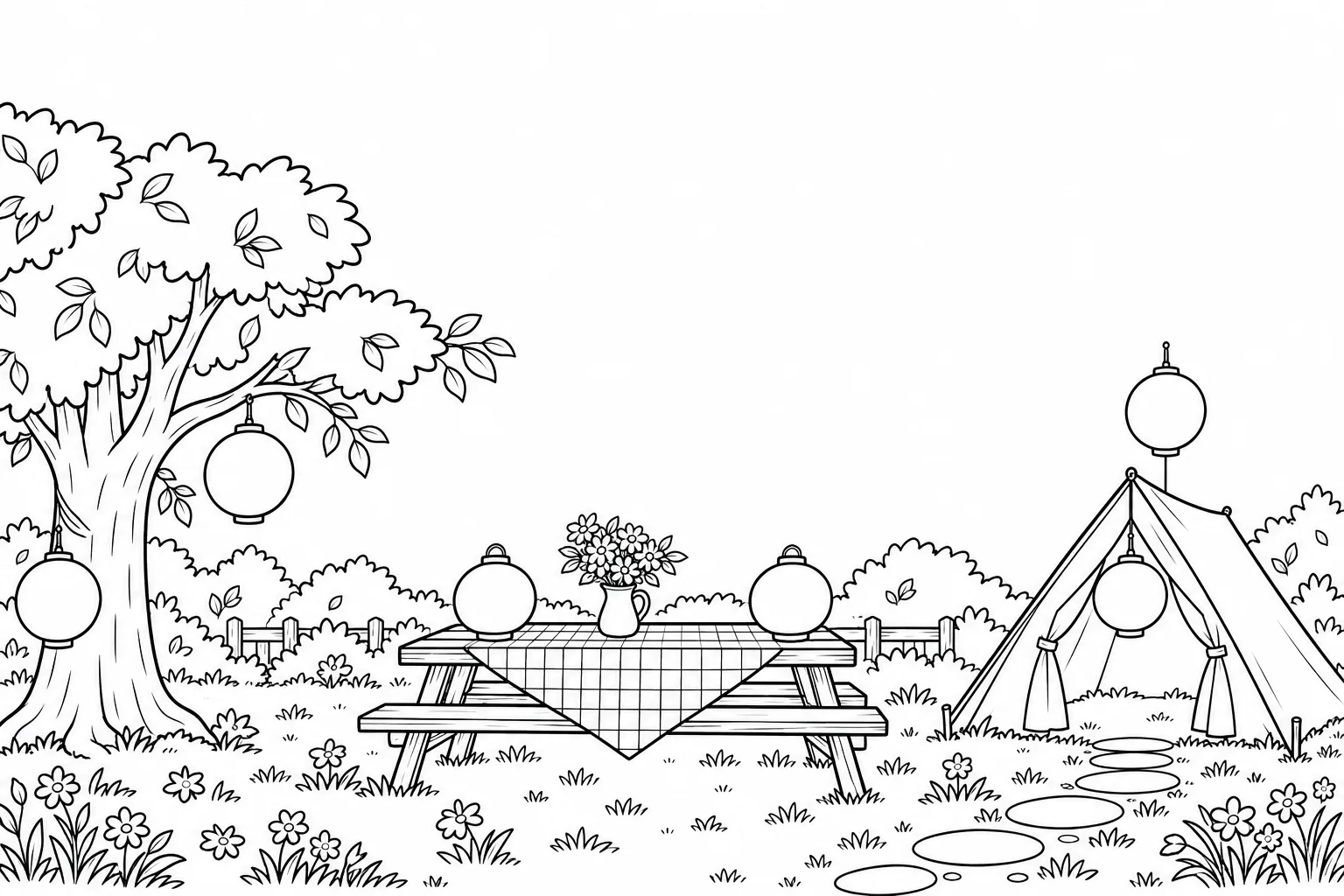 Six outlined paper lanterns around a garden with a tree, picnic table and tent