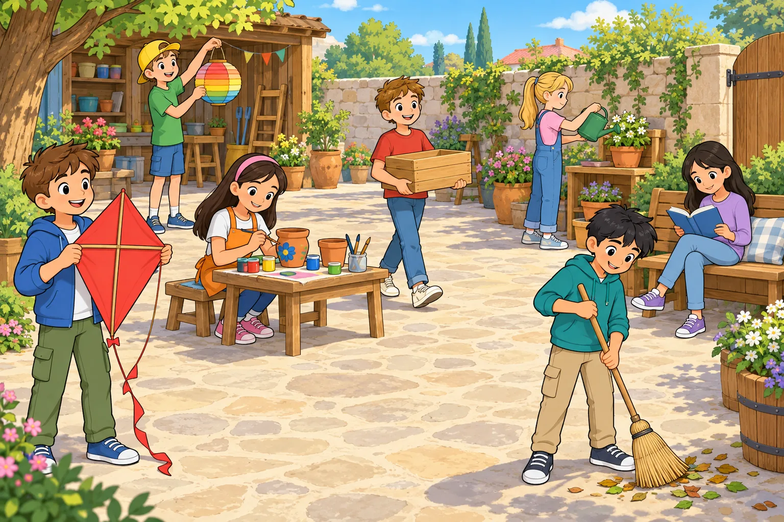 Seven children making crafts in a yard; identify each child by the action described.