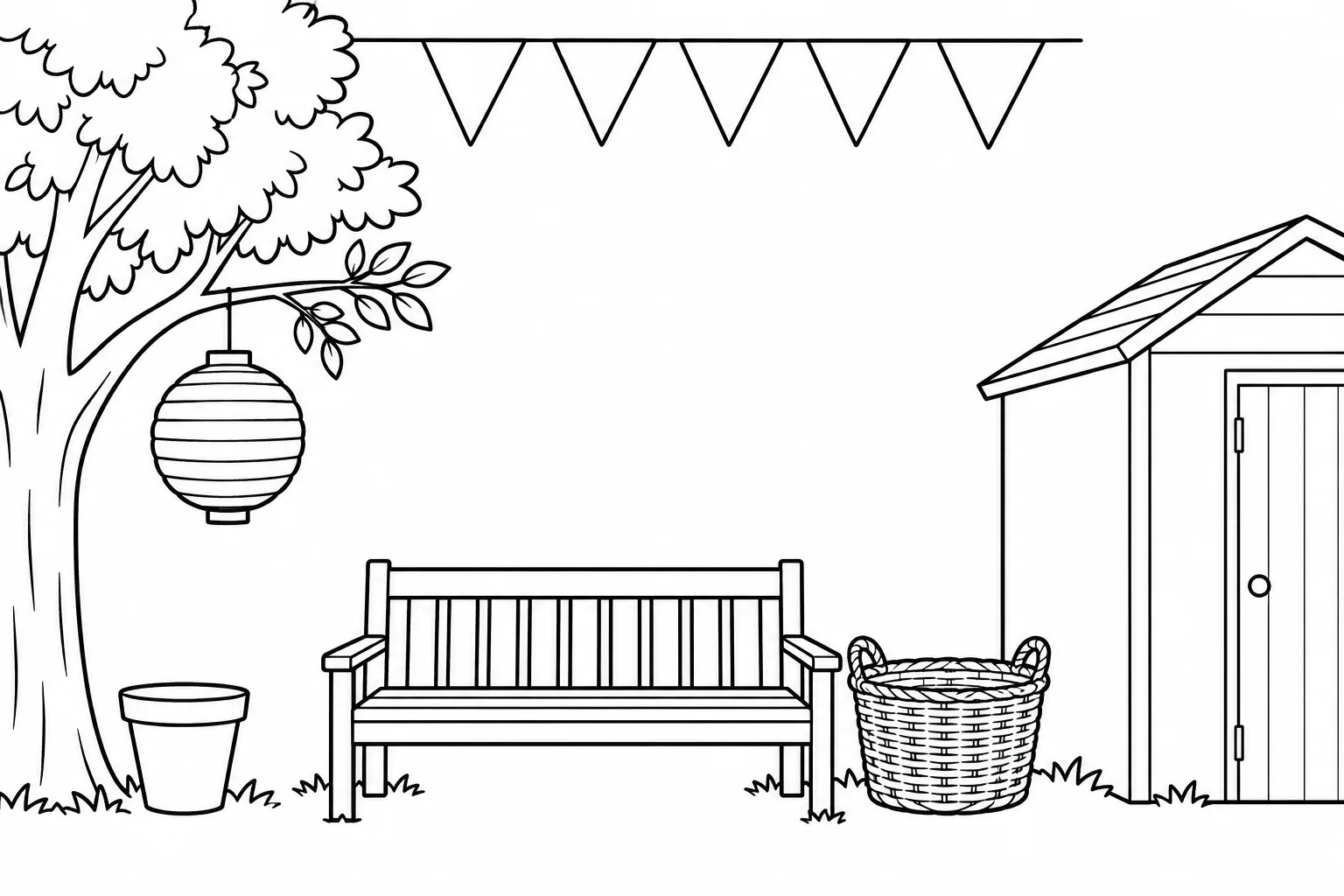 Craft-yard colouring scene with five flags, bench seat, basket, lantern, pot and shed door.