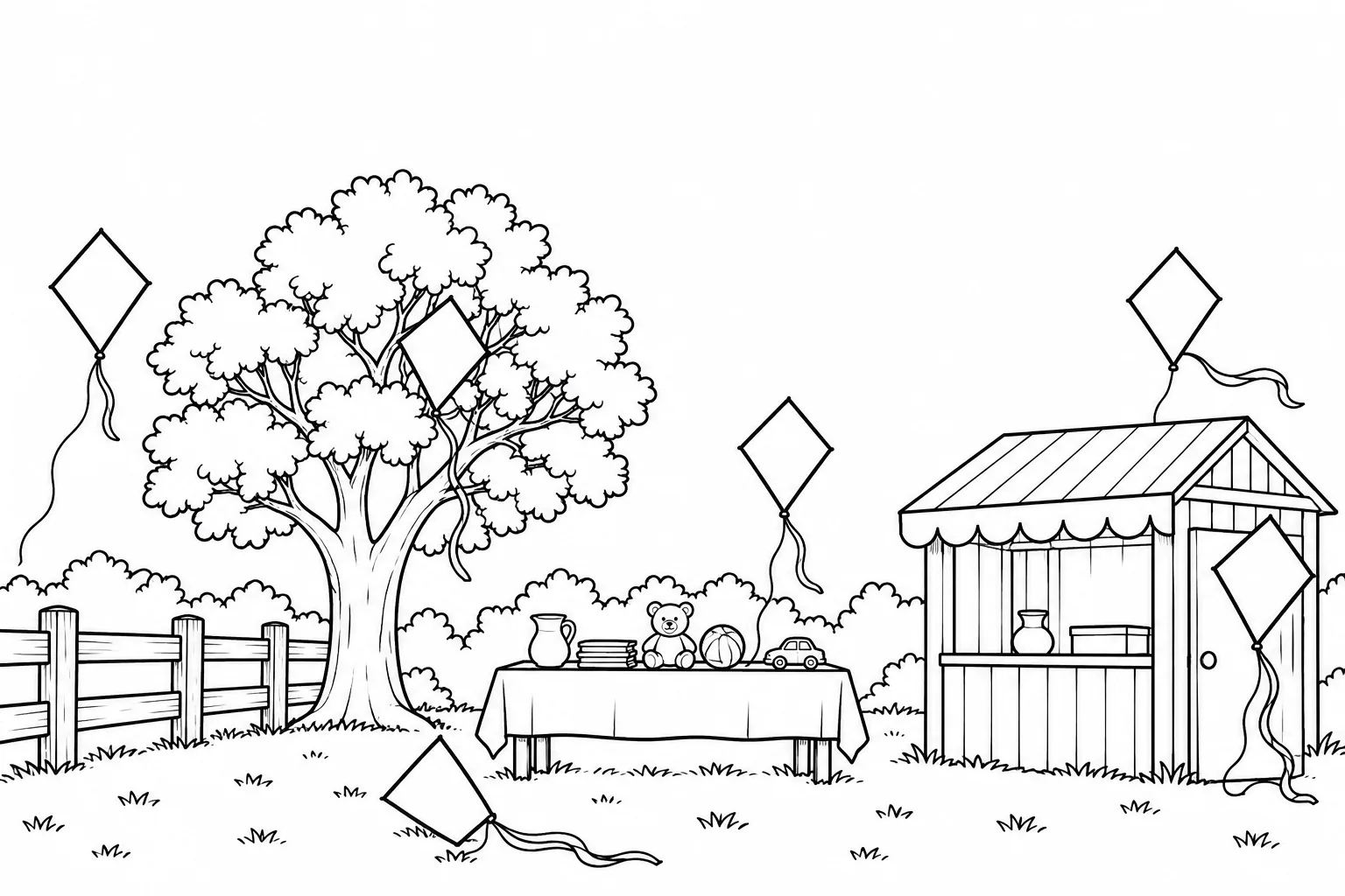 Six outlined kites by the fence, tree, table, roof, ground and door