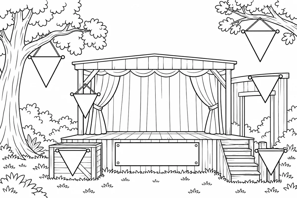 Garden theatre with six outlined pennants and a blank stage sign.