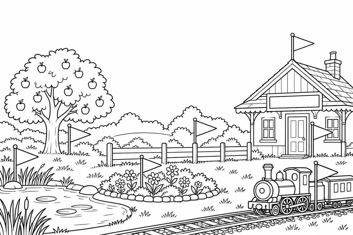 Garden station picture with seven blank flags and an empty sign