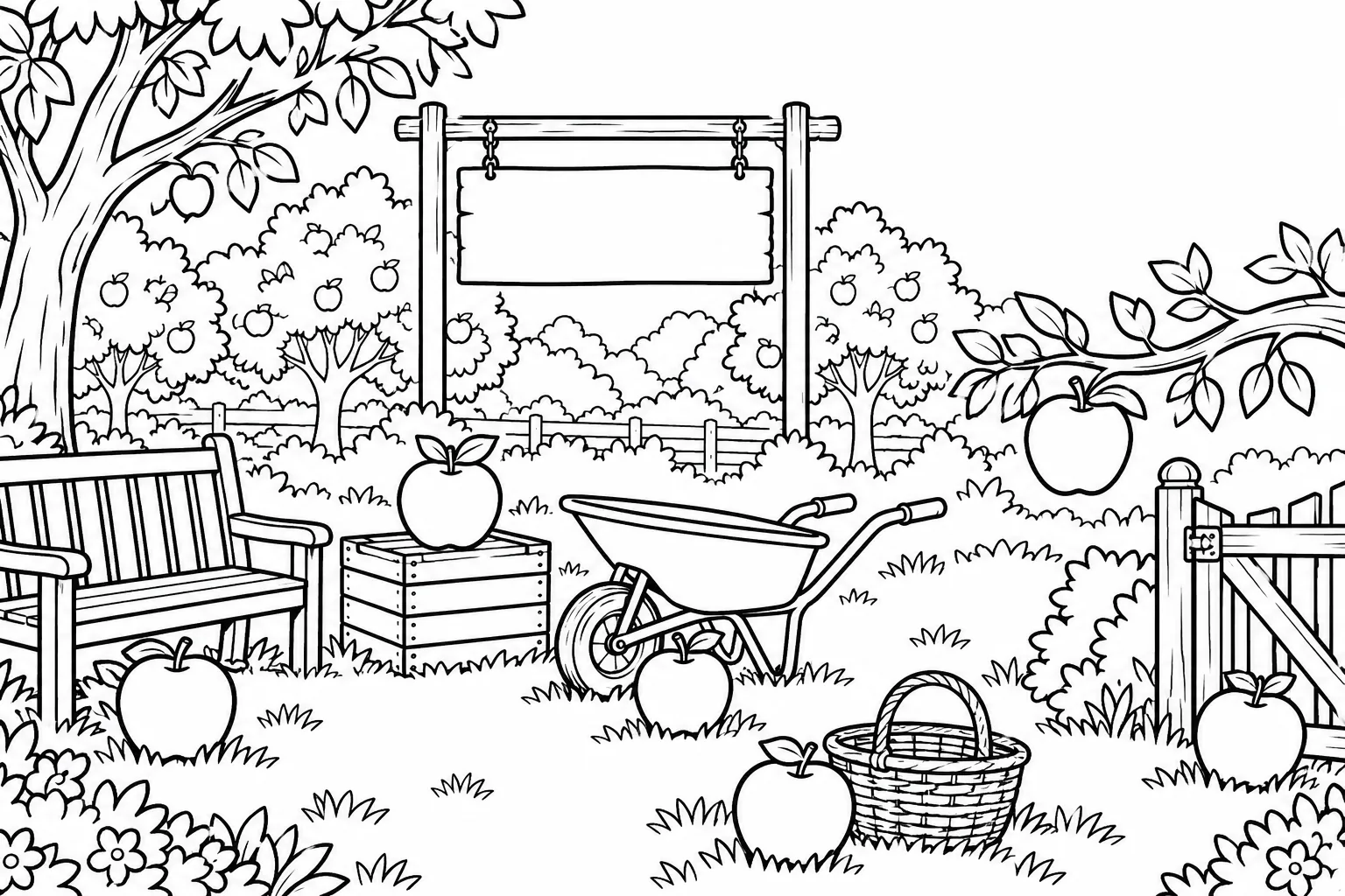Orchard with large apples beside a bench, on a crate, under a wheelbarrow and on a low branch