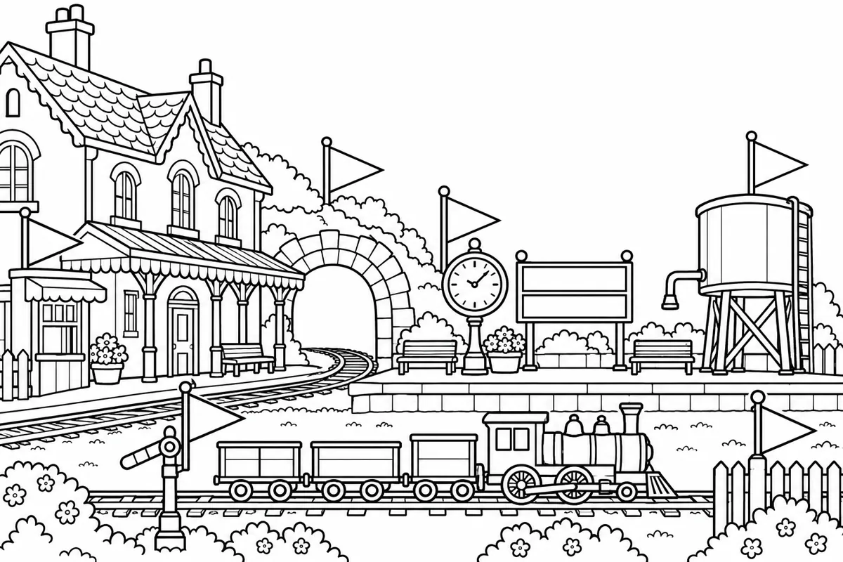 Miniature railway station: ticket booth, tunnel, clock, water tank, signal and fence.