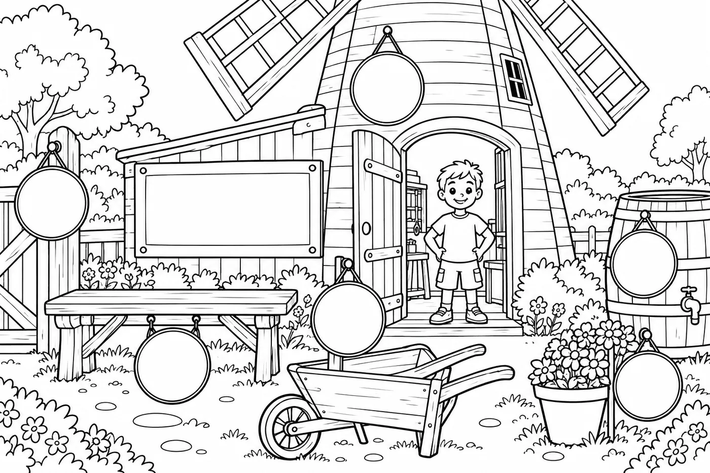 Six outlined round discs around a windmill garden