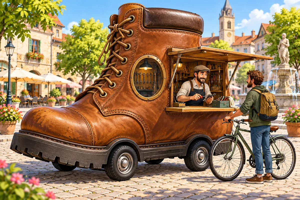 An unusual boot-shaped mobile repair kiosk in a town square. Ask your teacher for an equivalent nonvisual task if required.