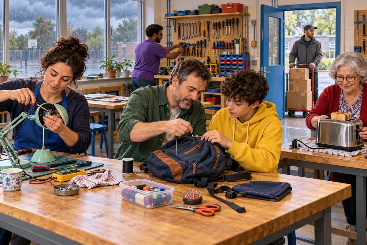 A community repair cafe scene for description or prediction. Use the pictured actions. Ask your teacher for an equivalent nonvisual task if required.