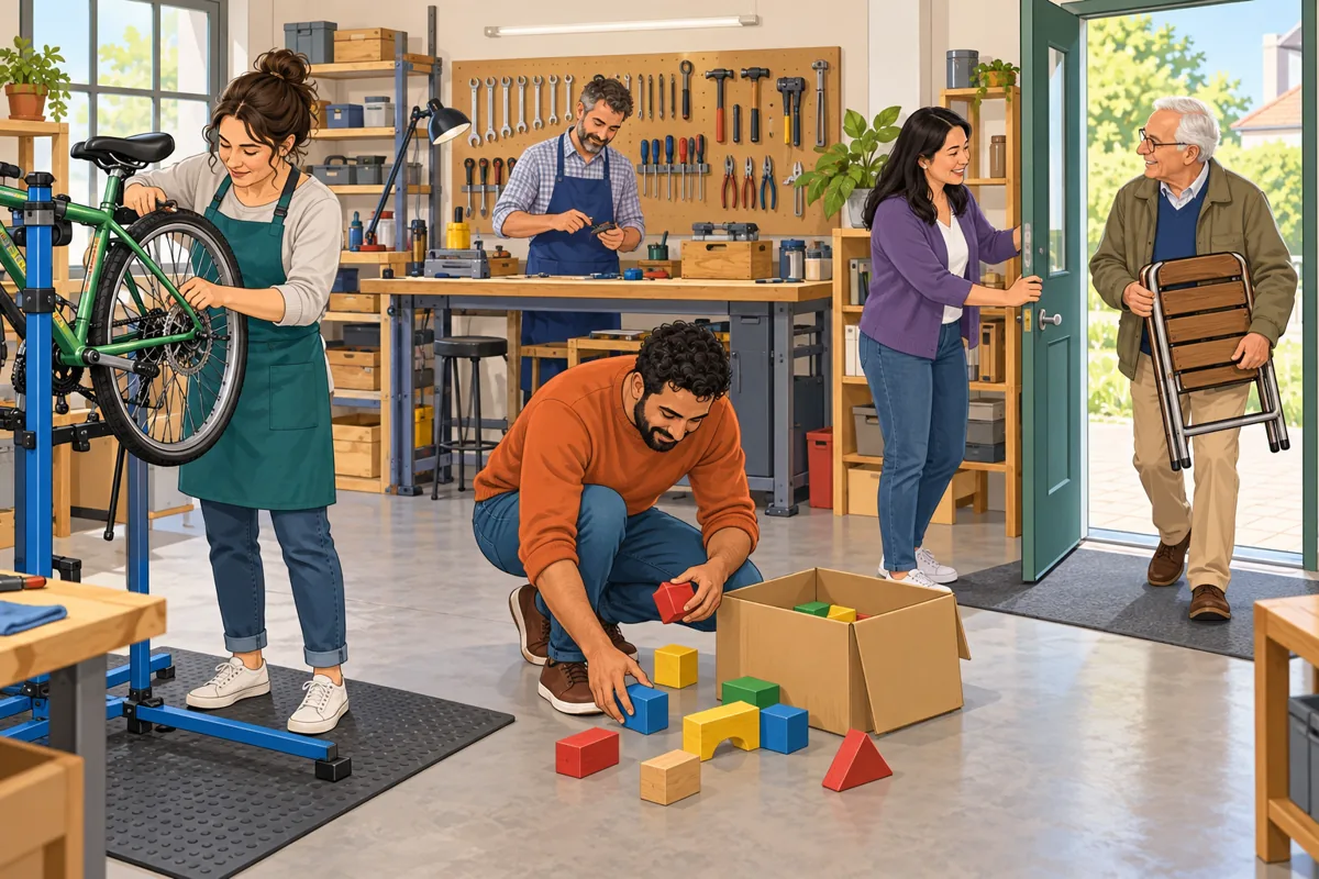 Community workshop scene. Visual task: describe or predict using the pictured actions. Ask a teacher for an equivalent accessible task if you cannot use the picture.