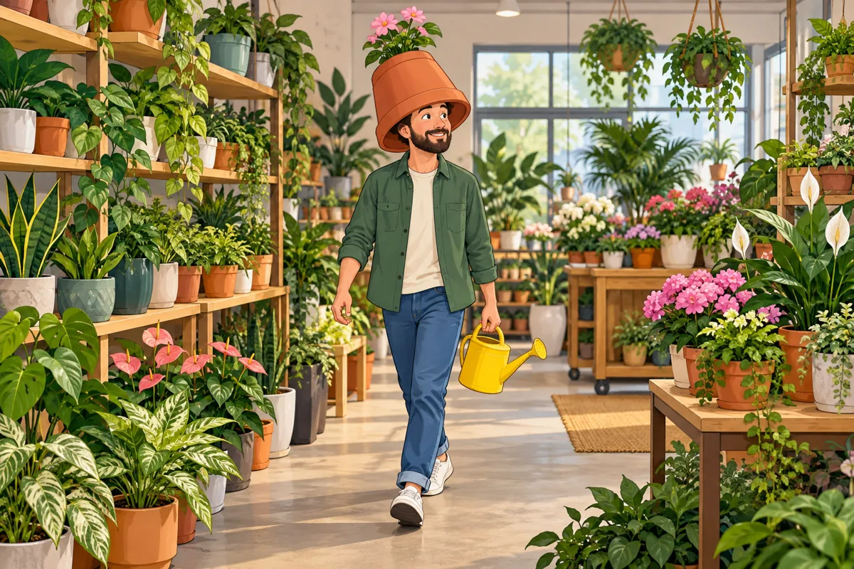 Unusual scene inside a plant shop. Visual task: describe the pictured person and objects. Ask a teacher for an equivalent accessible task if needed.