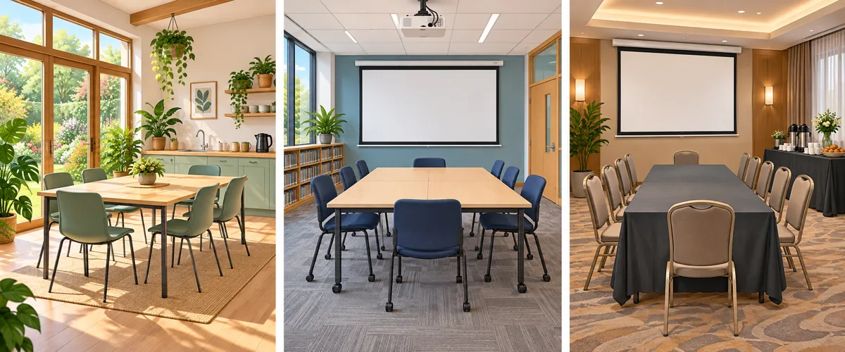 Three venue interiors: Garden Studio, Library Room and Hotel Room, left to right. Use the written cards for exact features.