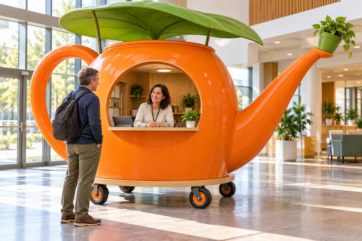 An unusual orange watering-can-shaped information booth on cart wheels in a community centre lobby. Ask your teacher for an equivalent nonvisual task if required.