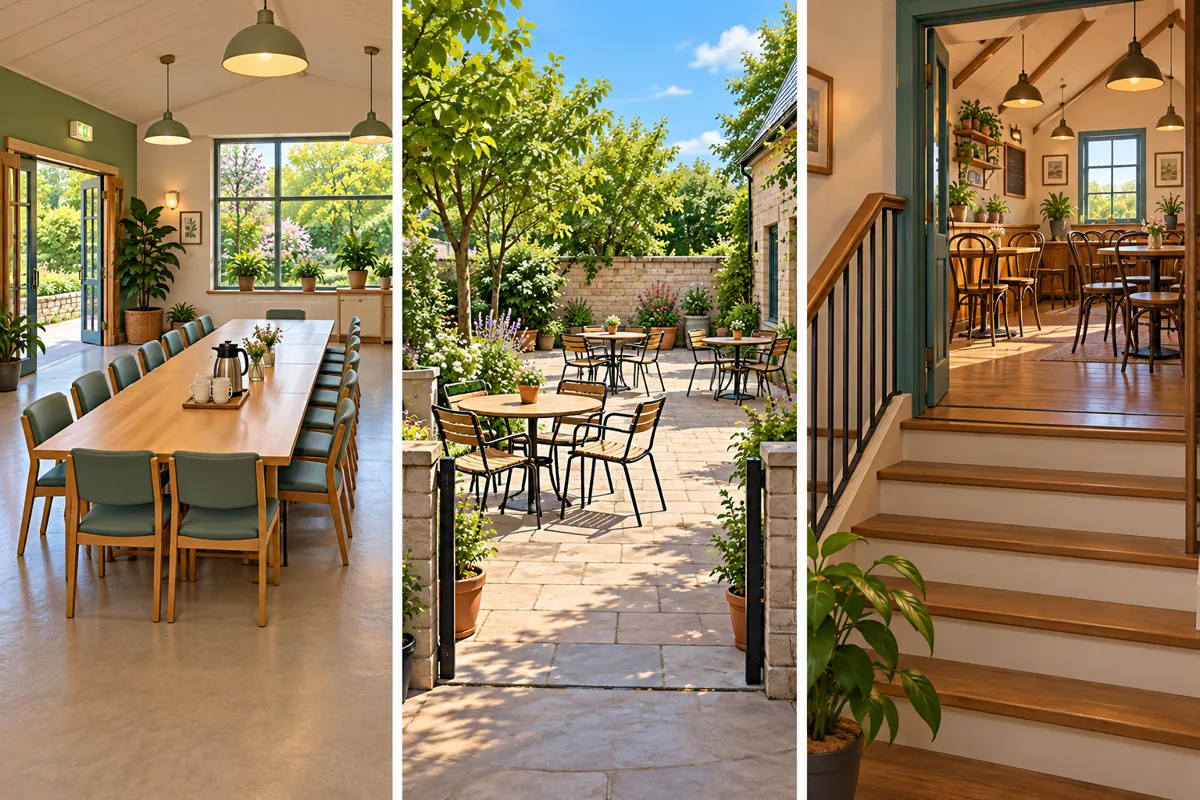 Three welcome venues: indoor Garden Room at left, outdoor Courtyard in the centre, and Upstairs Cafe at right. Written cards provide the comparison facts.
