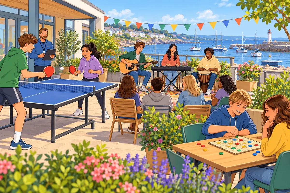 A harbour activity weekend with table tennis and a coach, a small acoustic band, and friends playing an original board game.
